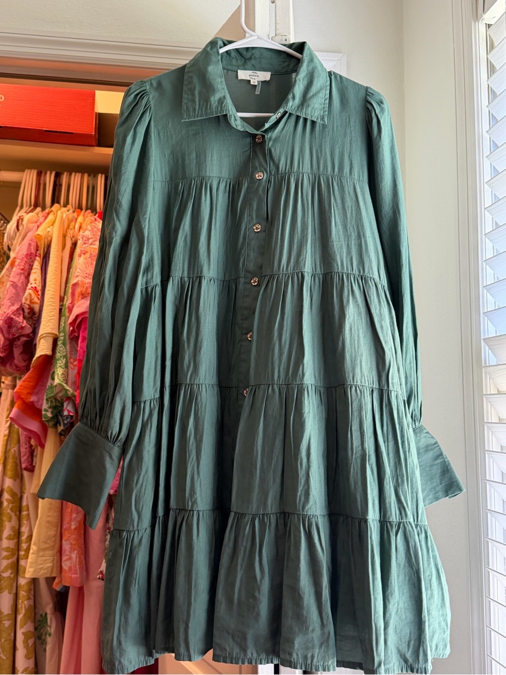 entro Forest Green Tiered Gold Button-Front Long Sleeve Dress